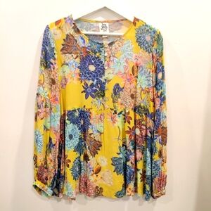 Ivy Jane Floral Balloon Sleeve Rayon Button Front Flowy Blouse Small